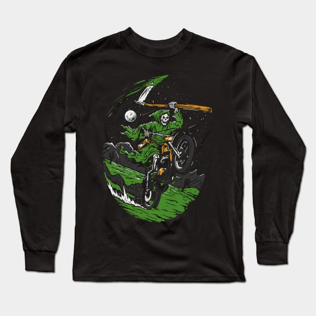 Grime Reaper Skeleton on a Motorcycle Long Sleeve T-Shirt by Halloween Merch